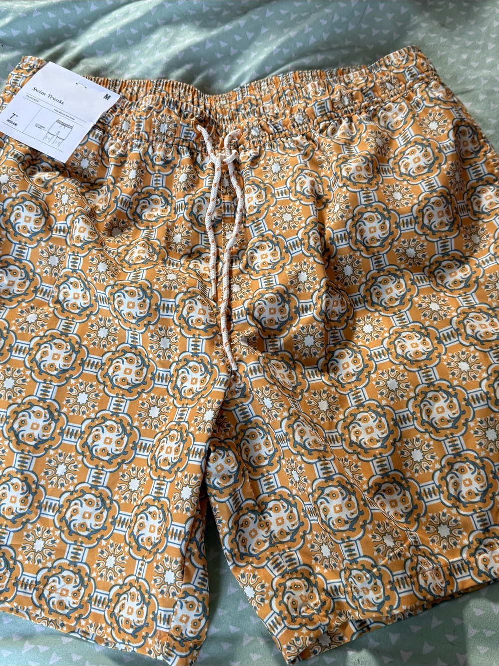Men's Yellow Patterned Drawstring Swim Trunks